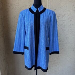 Misook Open Front Cardigan Sz L Blue Black Trim Office Chic Knit Jacket